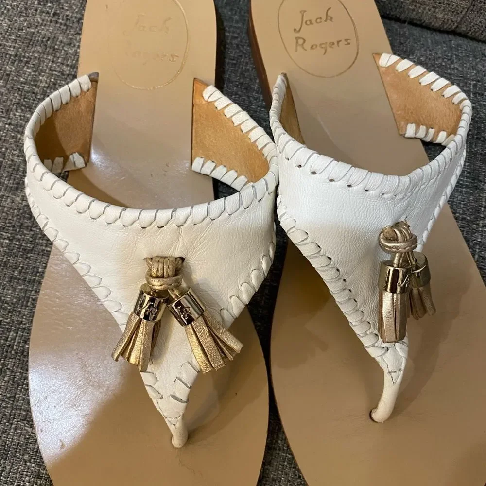 Jack Rogers White and Tan Alana Tassel Thong Sandals Women’s Size 8